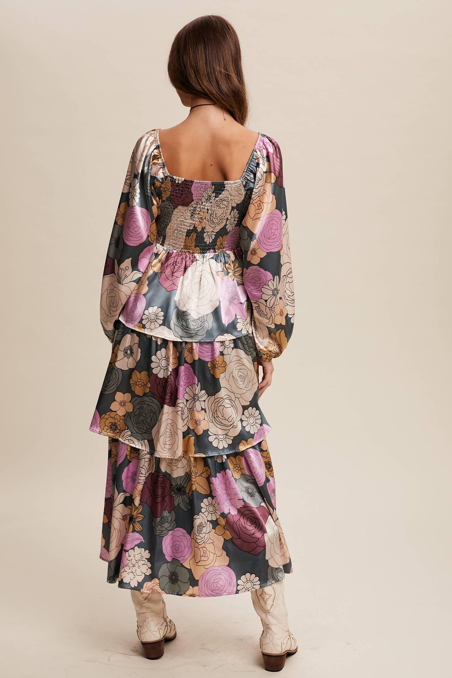 Felicia Floral Lace-Up Tiered Maxi Dress ~ Teal