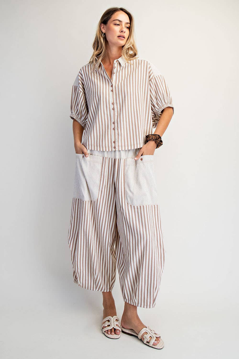 Blair Boxy Striped Button Down Shirt ~ Mocha