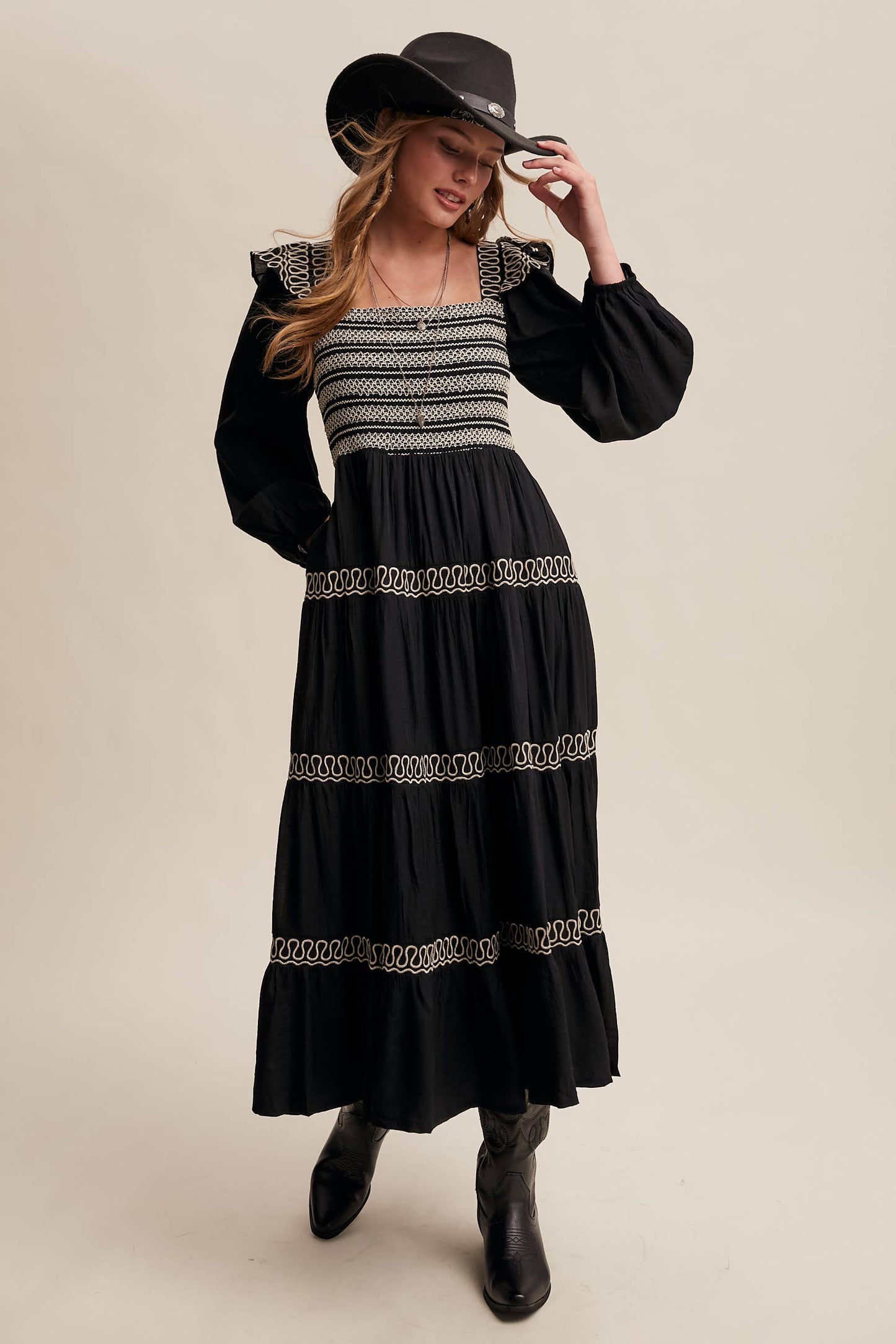 Sammie Smocked Western Maxi Dress ~ Black