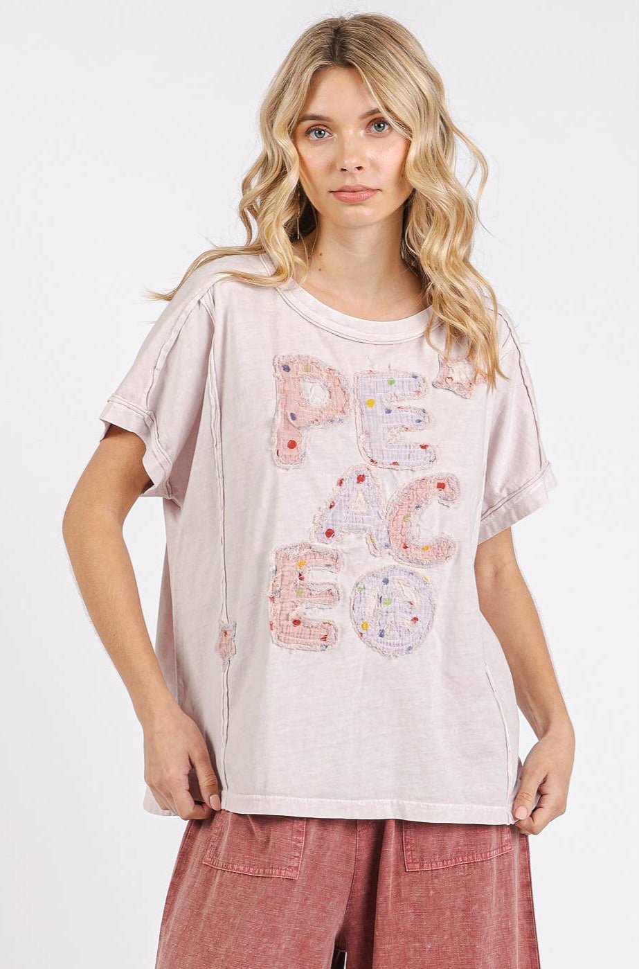 Paige Peace Sign Patchwork Top ~ Powder Pink