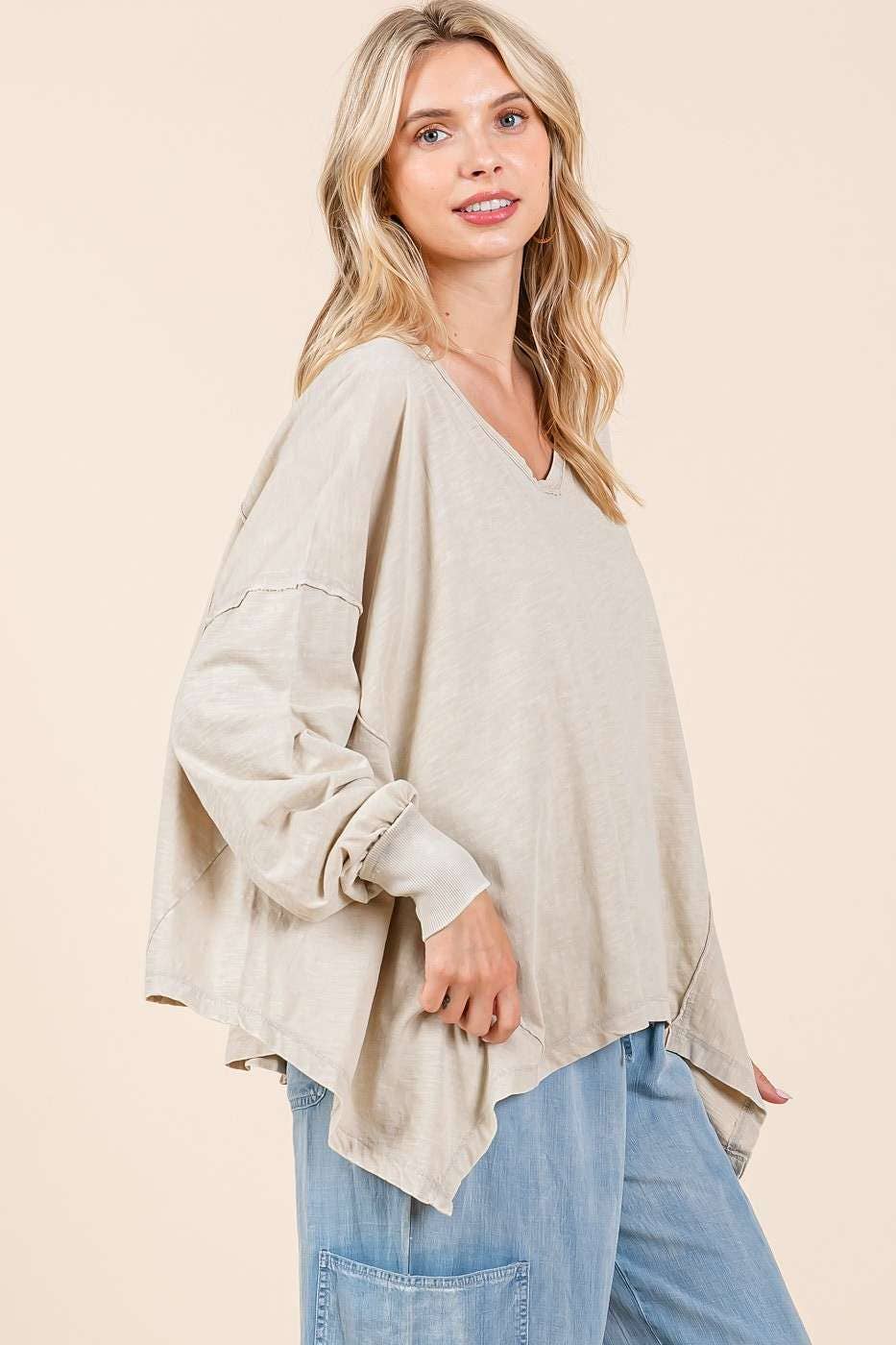 Cleo Mineral Wash V Neck Oversized Top ~ Stone