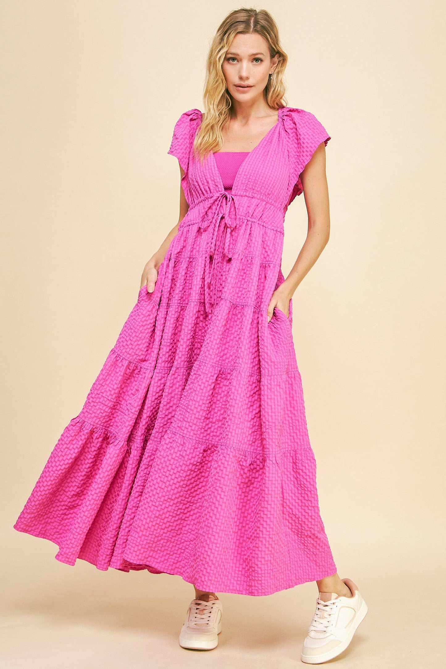 Cassie Crinkled Texture Flutter Sleeve Midi Dress ~ Orchid