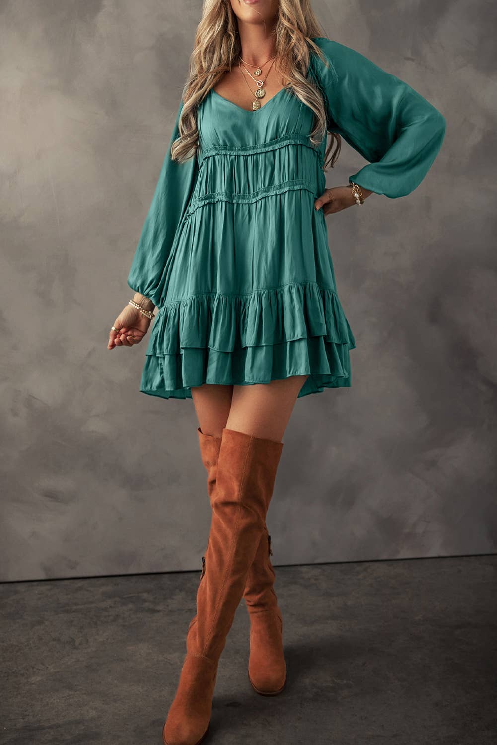 Grace Ruffled Tiered Mini Dress ~ Teal