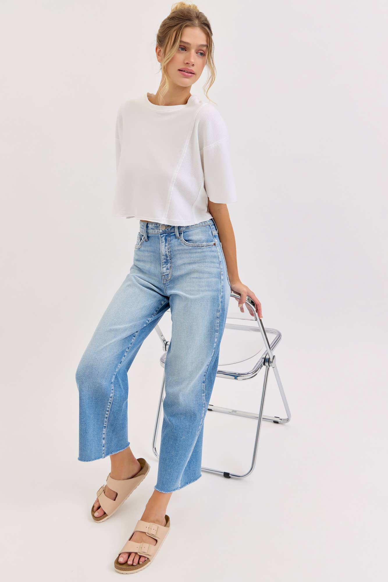 Harlow High Rise Raw Hem Crop Wide Leg Jeans ~ Light Denim