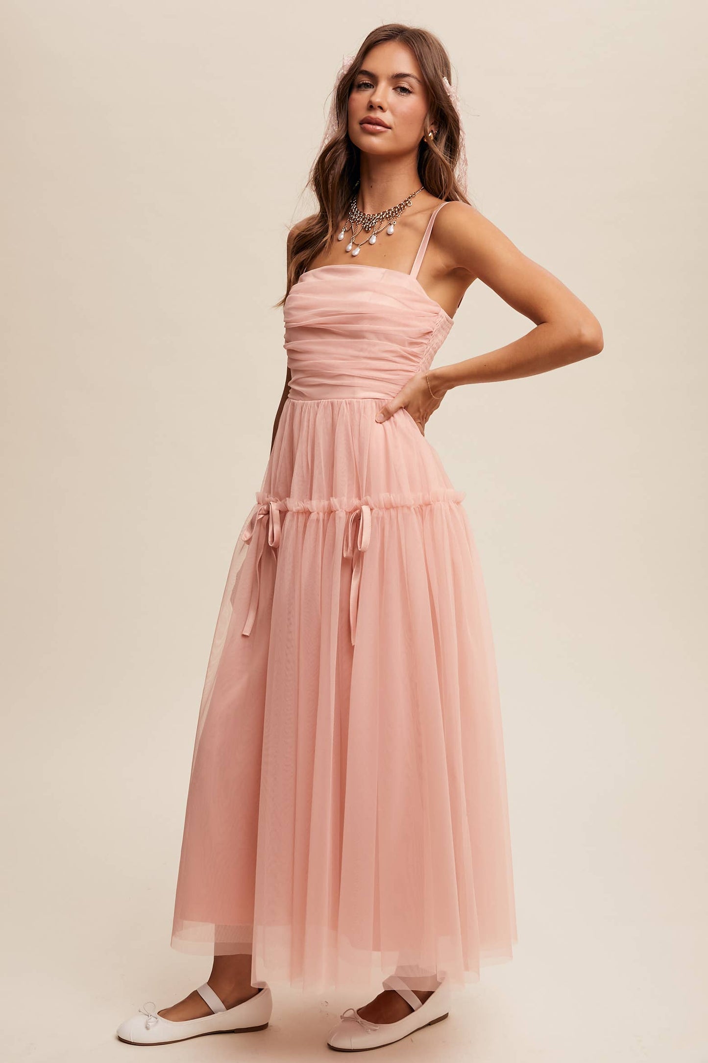 Rosie Ruched Tulle Ribbon Detail Midi Dress ~ Blush
