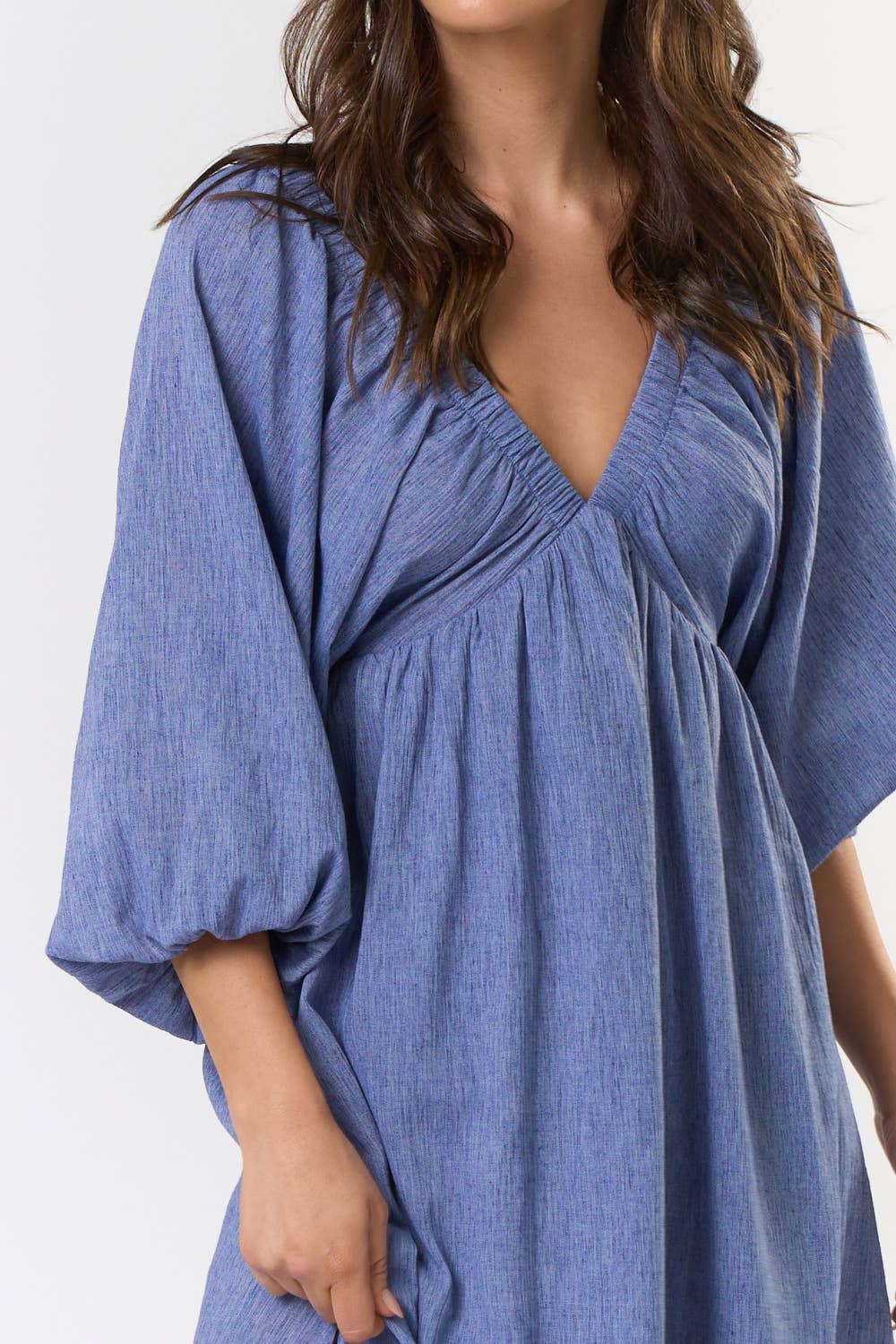 Valencia V Neck Puff Sleeve Midi Dress ~ Blue