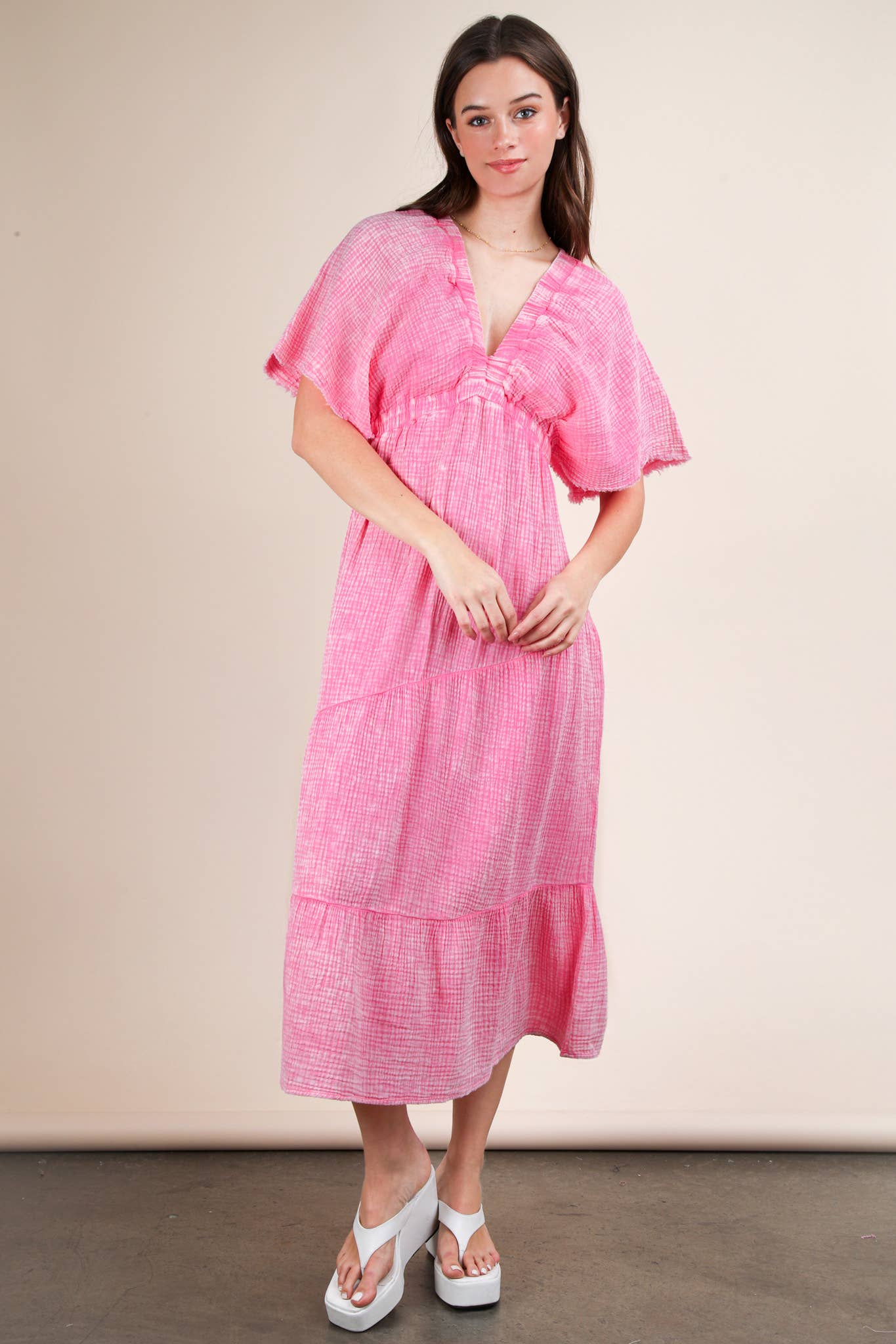 Madelyn Mineral Wash Elastic Neck Detail Midi Dress ~ Pink