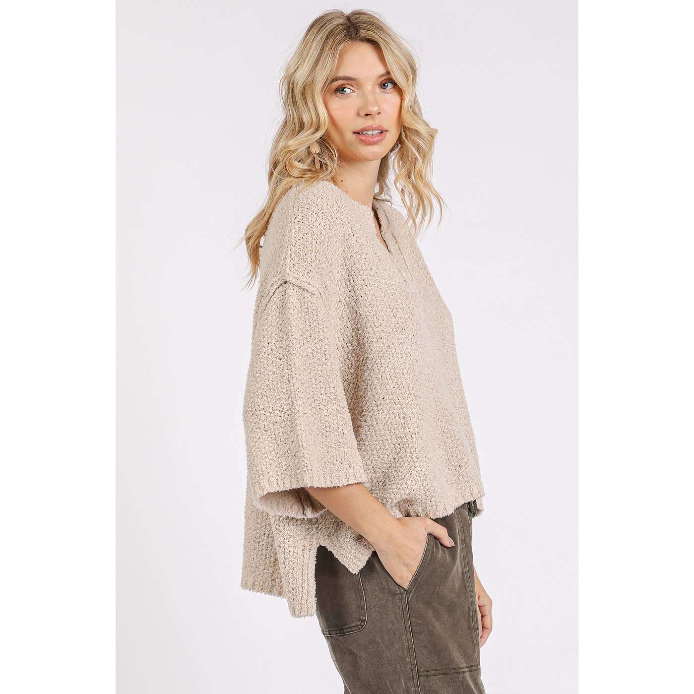 Fran Fuzzy Textured 3/4 Sleeve Loose Fit Sweater ~ Bone