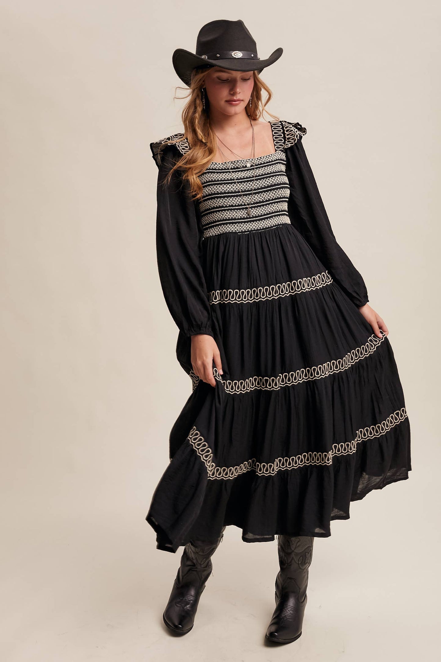 Sammie Smocked Western Maxi Dress ~ Black