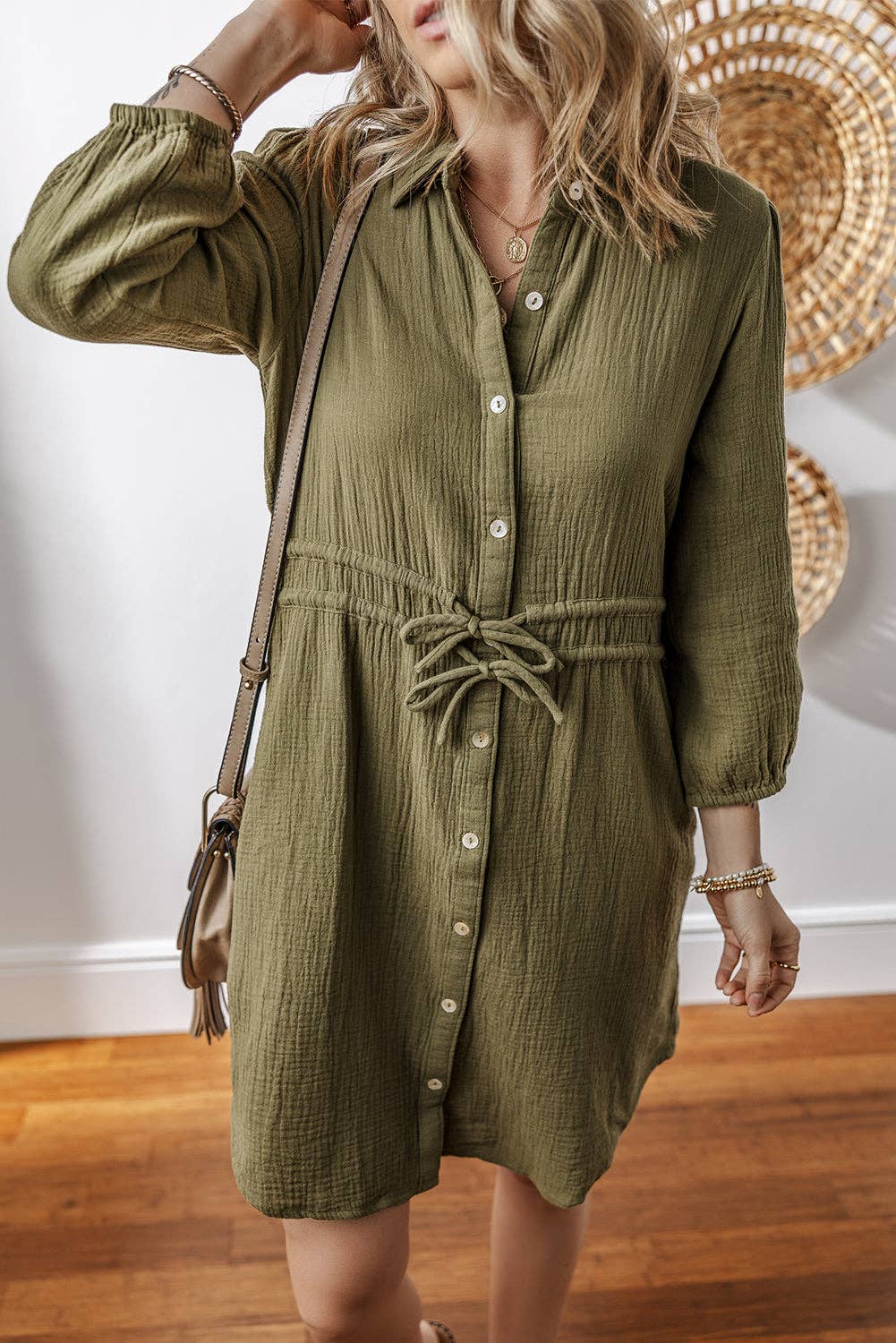 Harmony Textured Button Up Dual Tied Dress ~ Olive