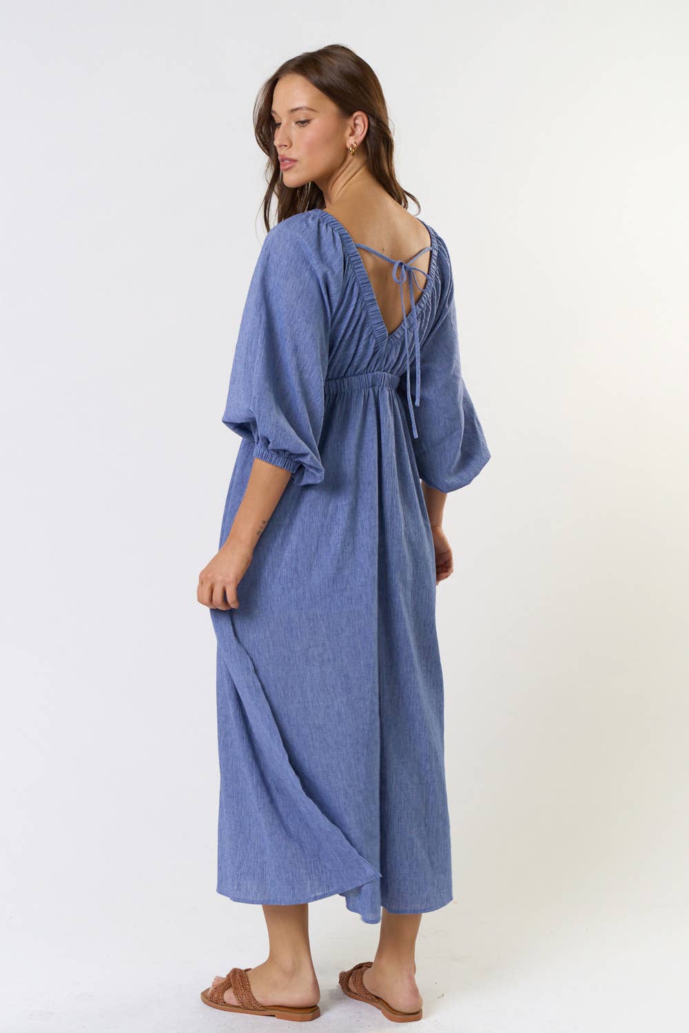 Valencia V Neck Puff Sleeve Midi Dress ~ Blue