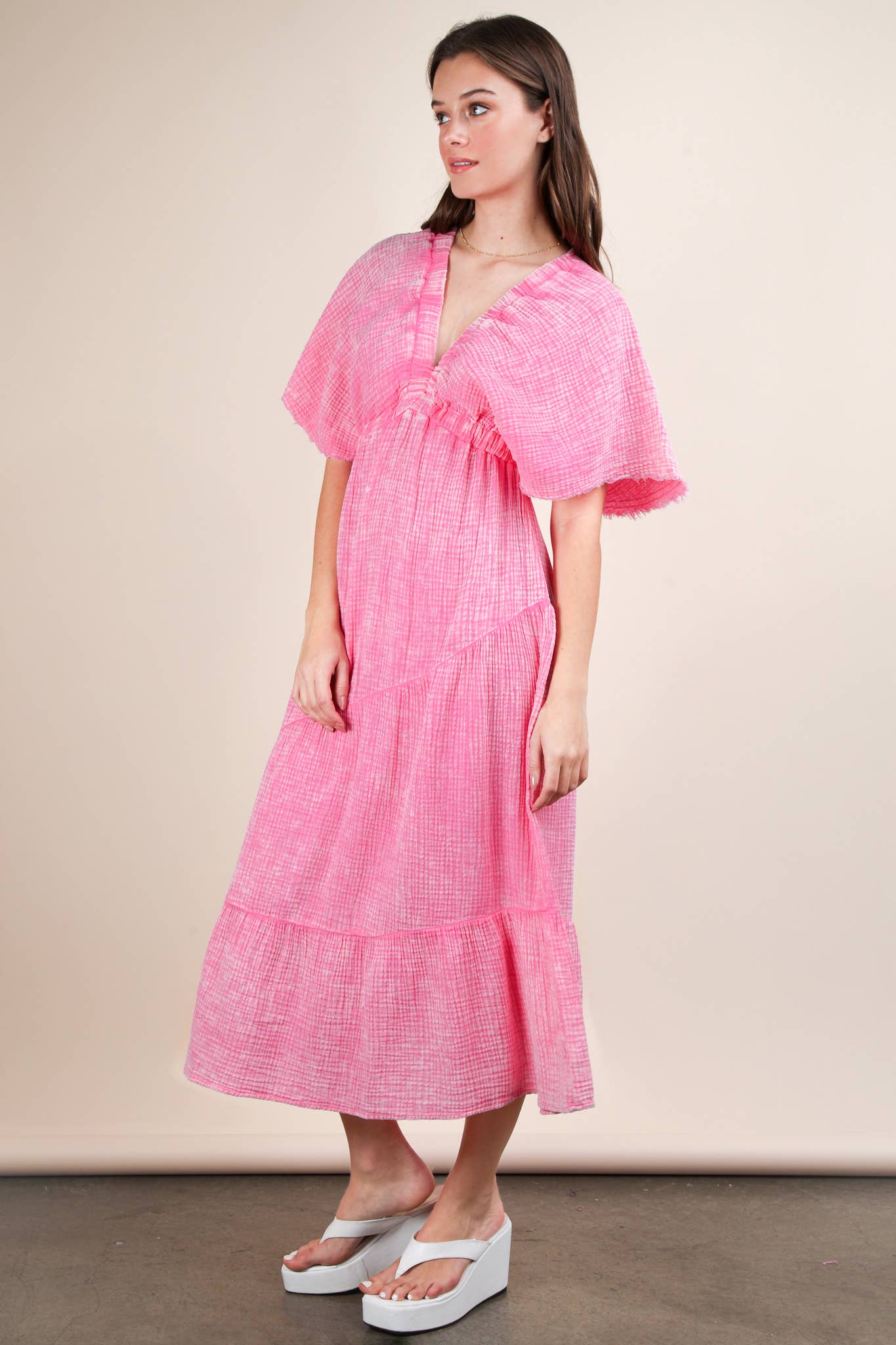 Madelyn Mineral Wash Elastic Neck Detail Midi Dress ~ Pink