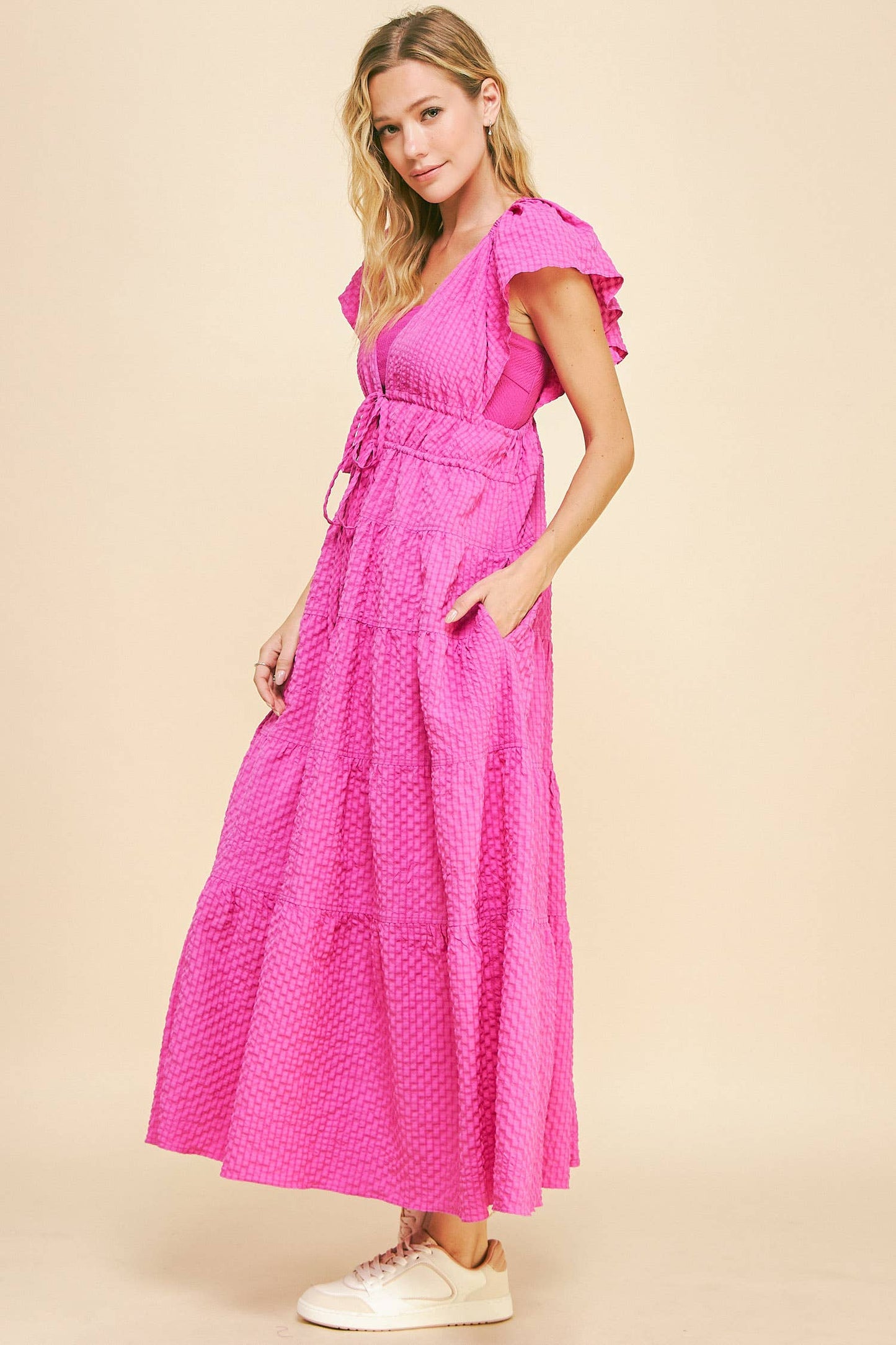 Cassie Crinkled Texture Flutter Sleeve Midi Dress ~ Orchid