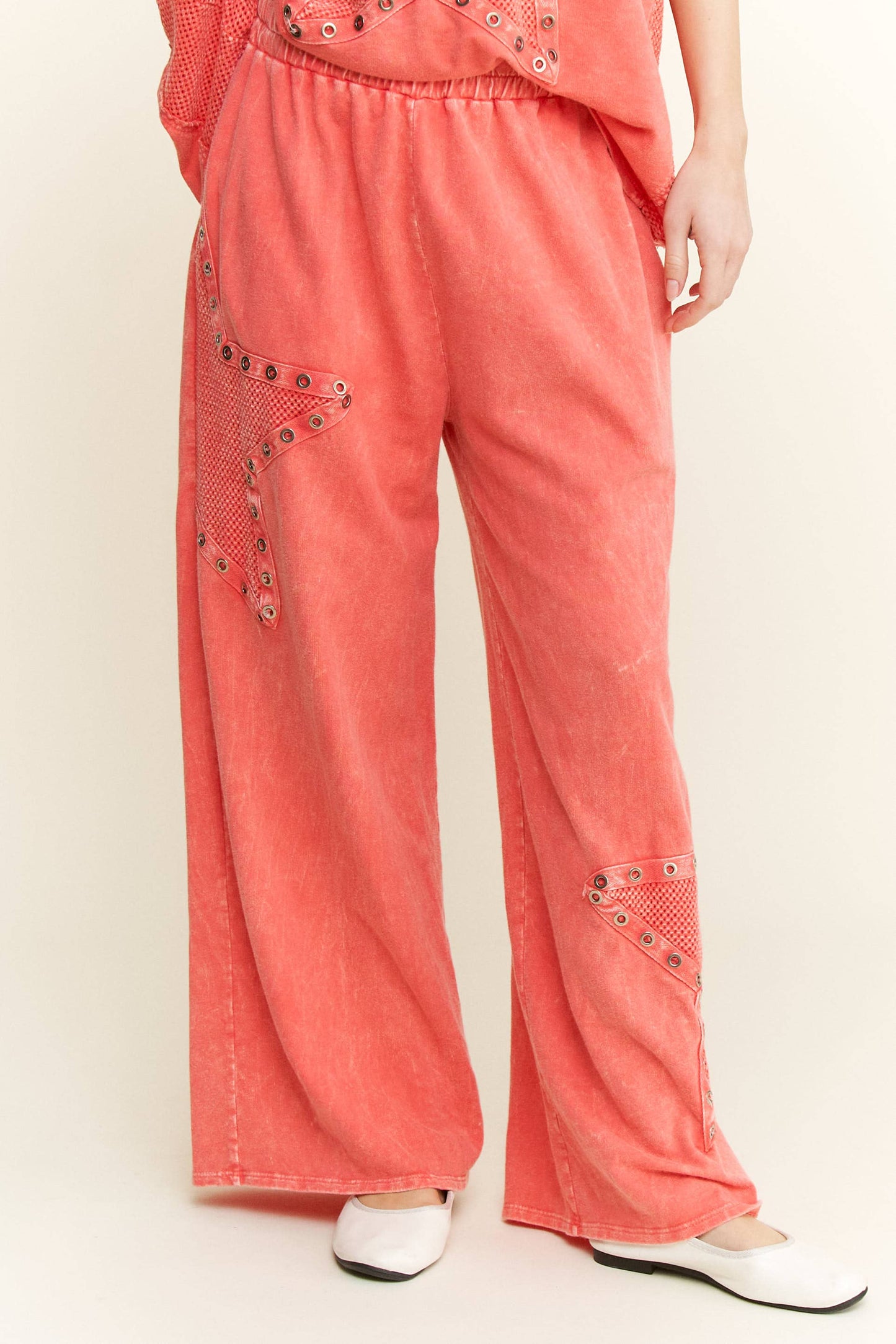 Millie Mineral Wash Mesh Star Pants ~ Orange Red