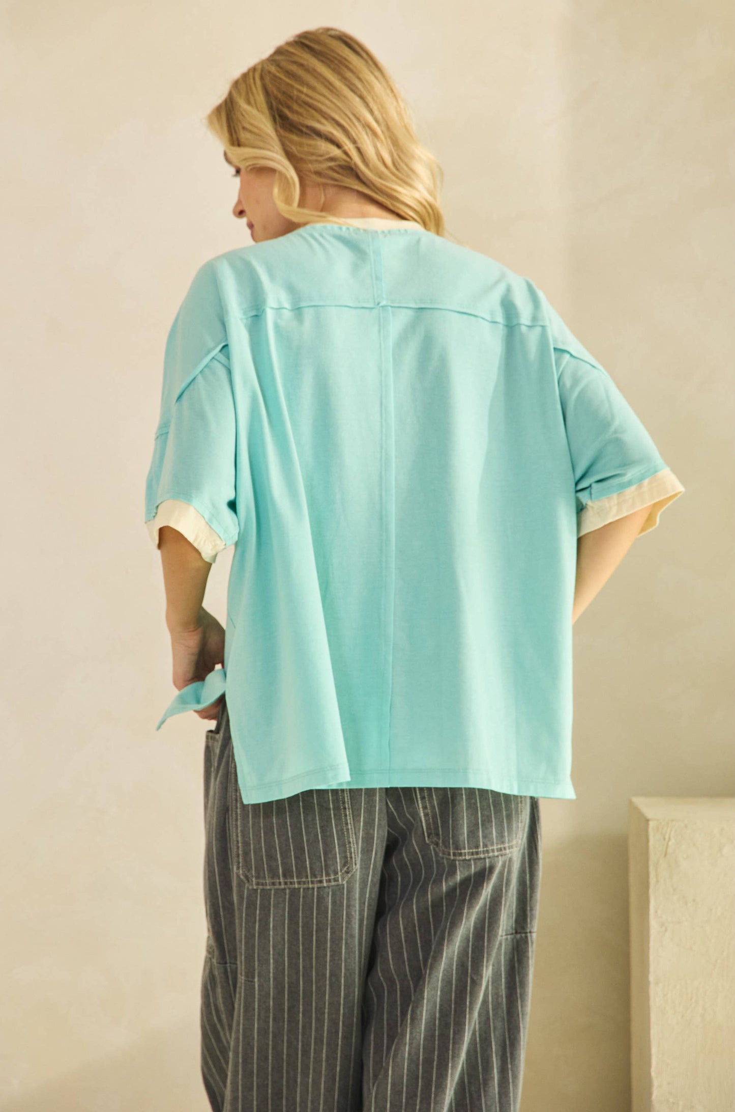Riley Retro Flower Embroidered Oversized Top ~ Aqua