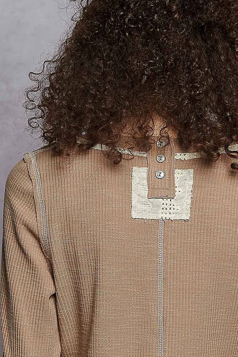 Regan Raw Edge Eyelet Patch Rib Knit Top ~ Mocha Mousse