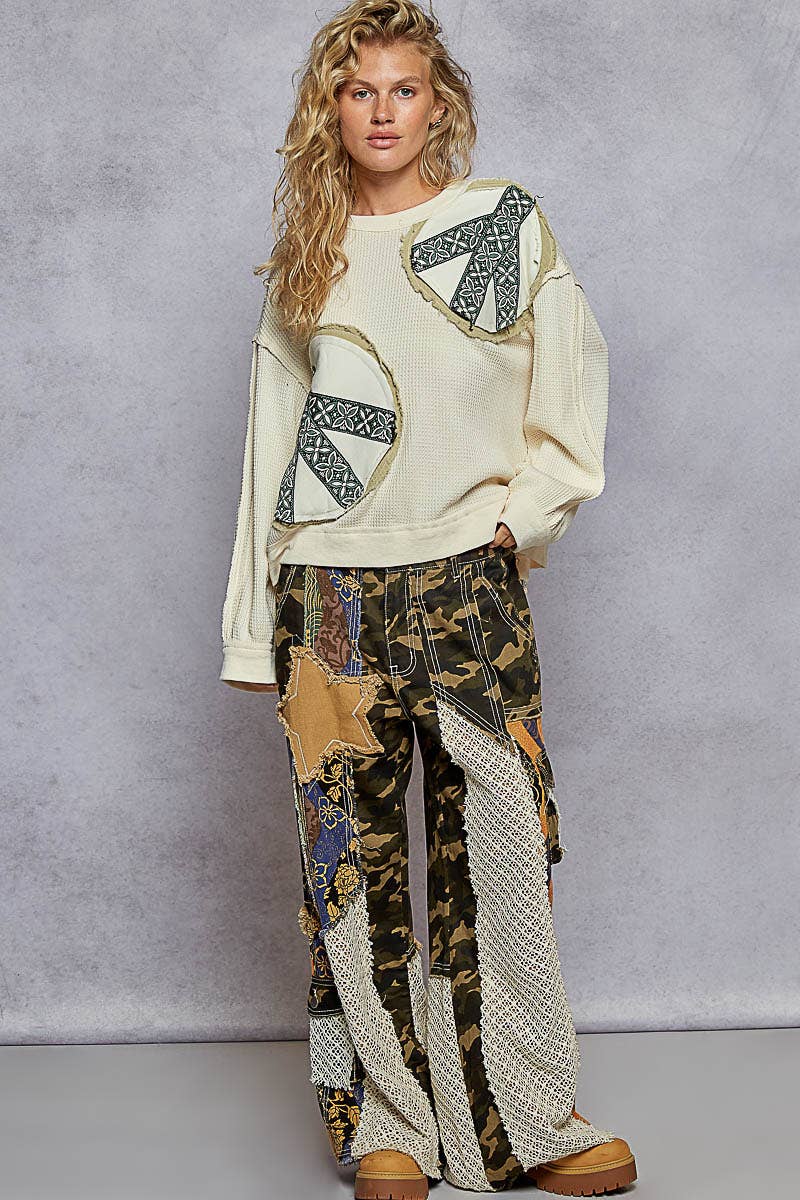 Violet Vintage Peace Patch Thermal Top ~ Cream
