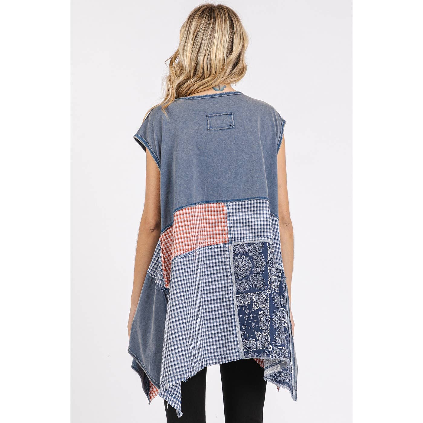 Paisley Gingham Patchwork Handkerchief Hem Top ~ Navy