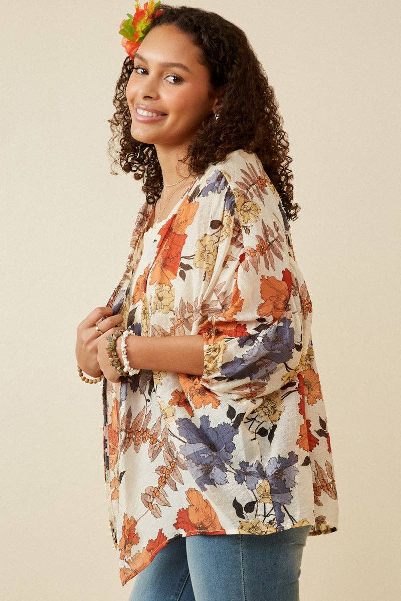 Tanya Textured Floral 3/4 Sleeve Open Kimono - Rust Mix