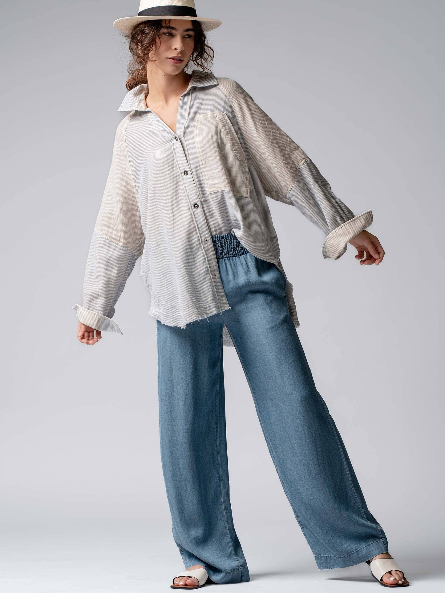 Tencel Smocked High Waist Wide Leg Side Pocket Pants ~ Light Denim