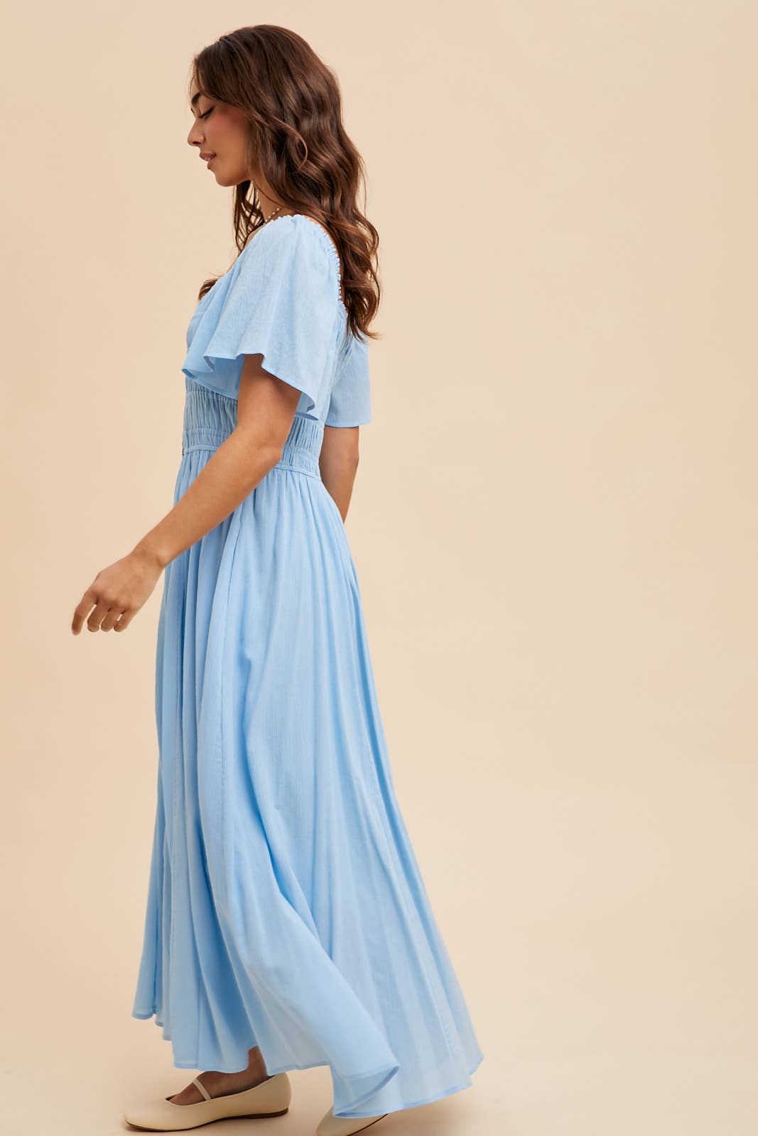 Sadie Shirred Bodice Button Maxi Dress ~ Airy Blue