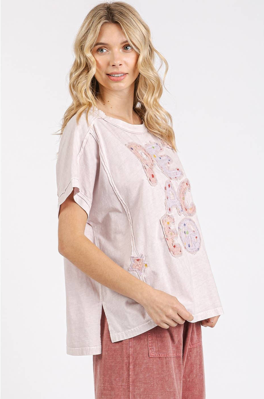 Paige Peace Sign Patchwork Top ~ Powder Pink
