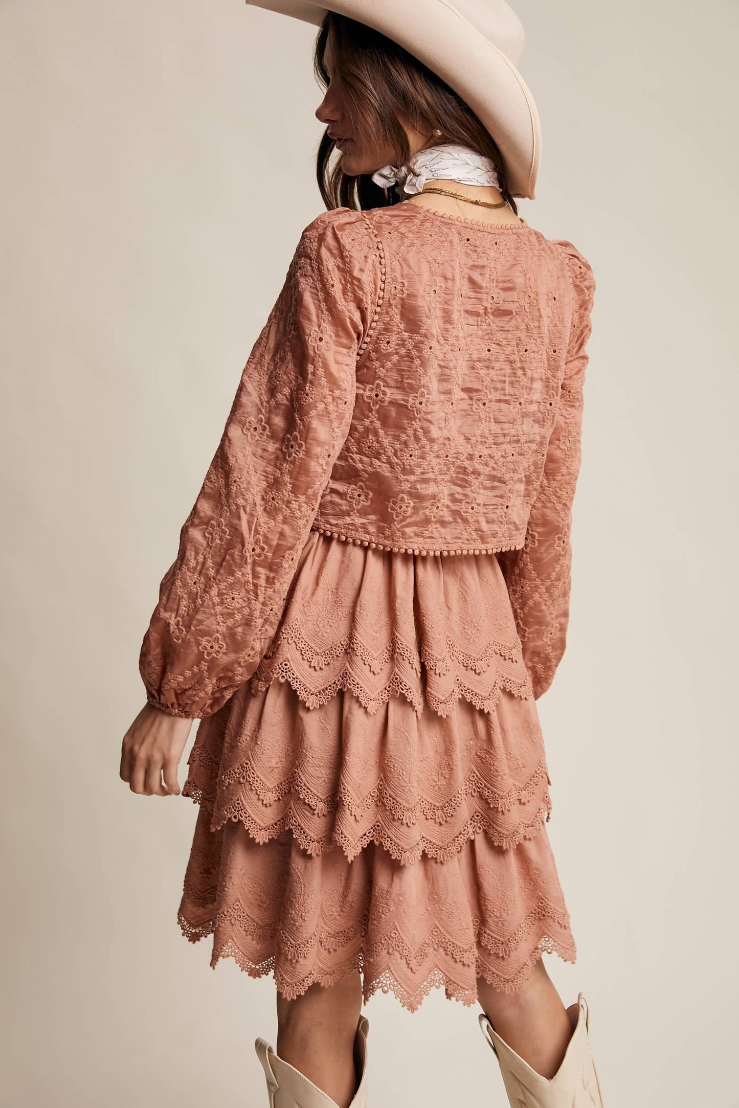 Tamara Tiered Scallop Embroidered Dress ~ Terracotta