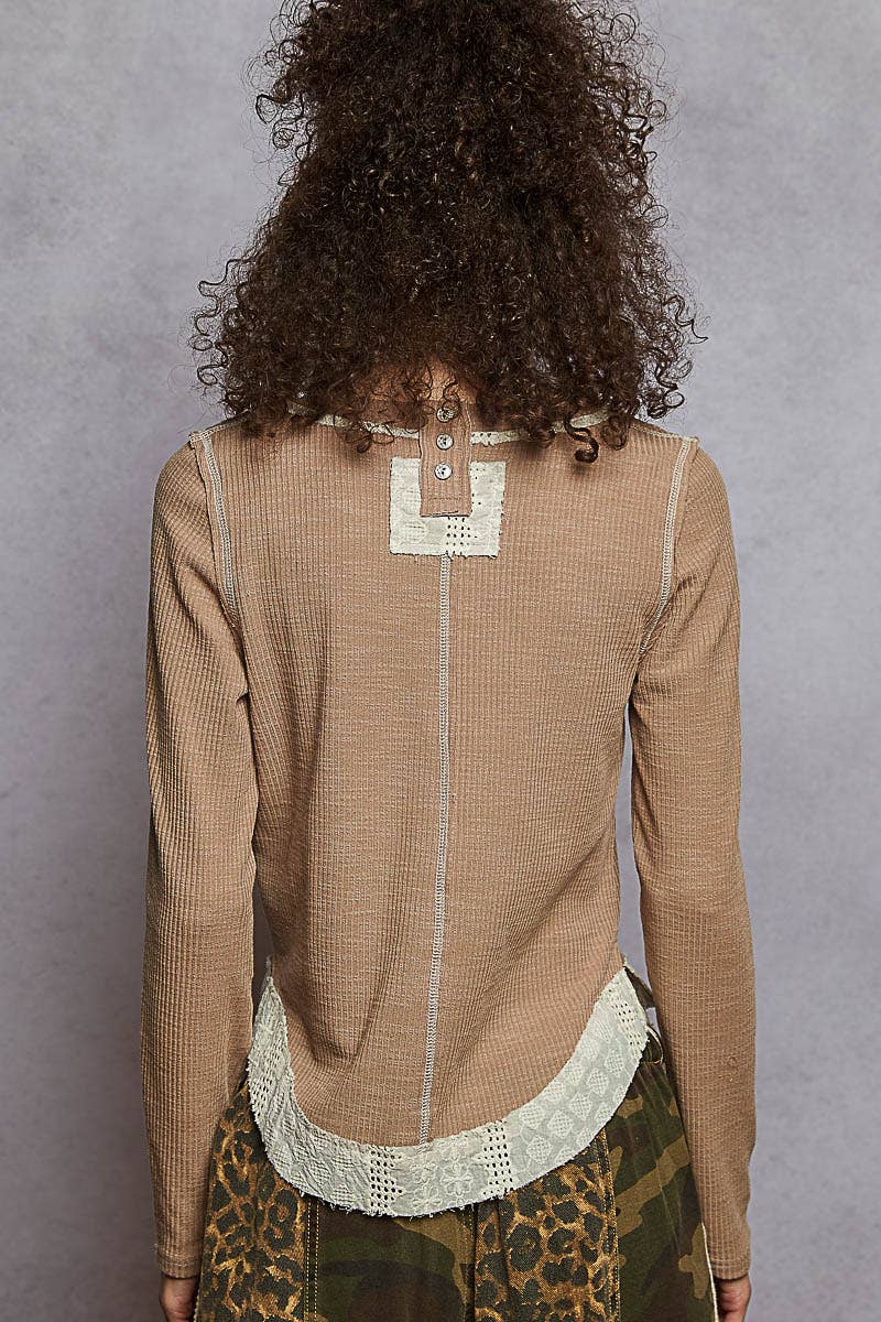 Regan Raw Edge Eyelet Patch Rib Knit Top ~ Mocha Mousse