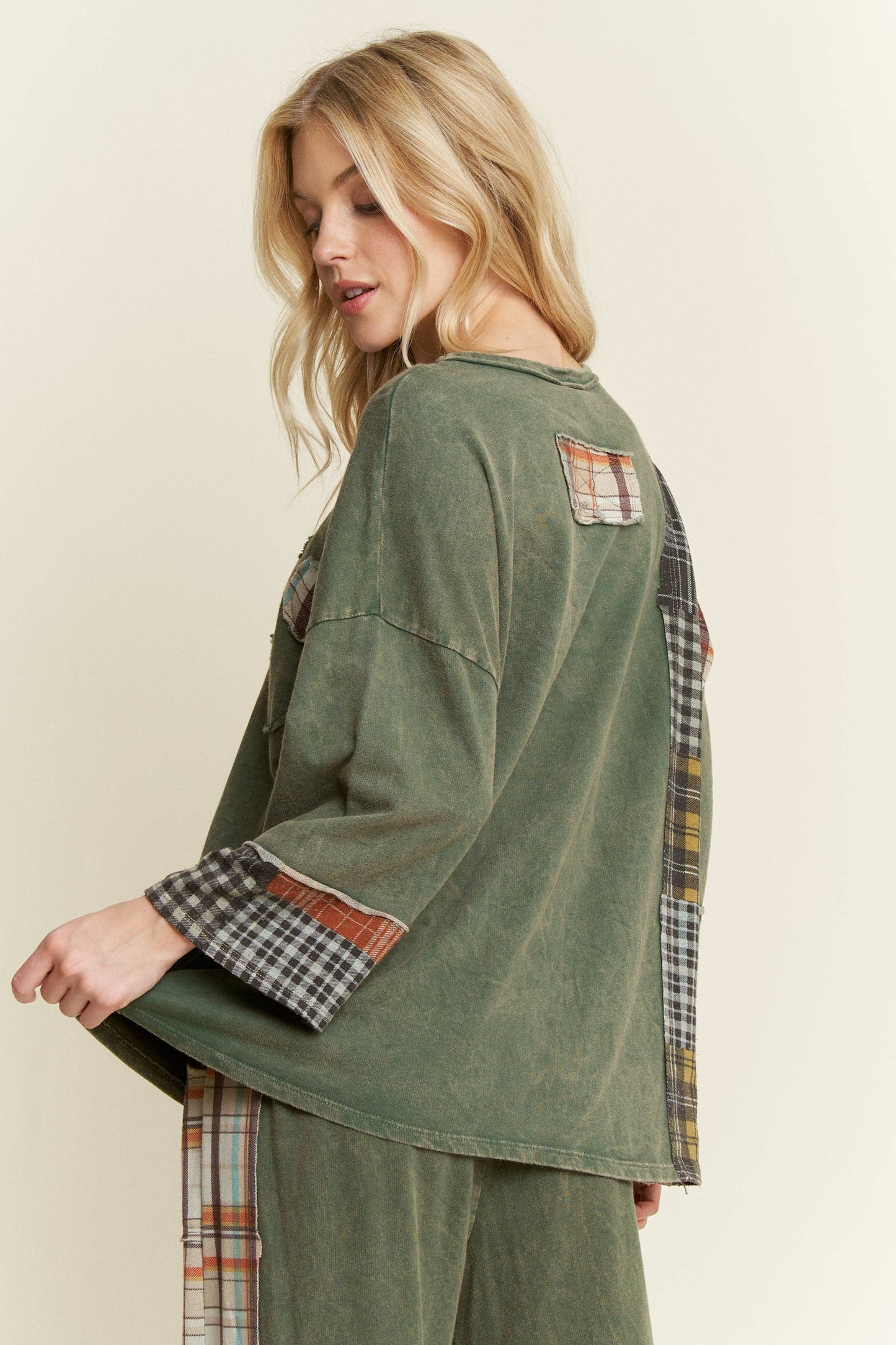 Massie Mineral Washed Plaid Daisy Top ~ Dark Olive