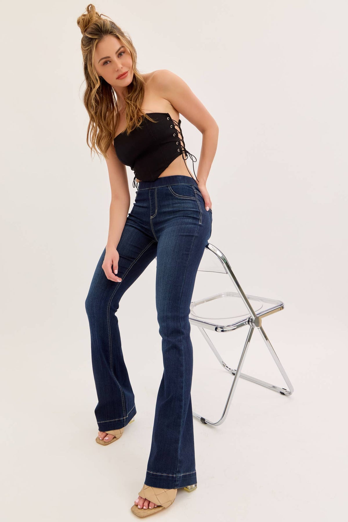 Stevie High Rise Dark Pull On Flare Jeans ~ Dark Denim