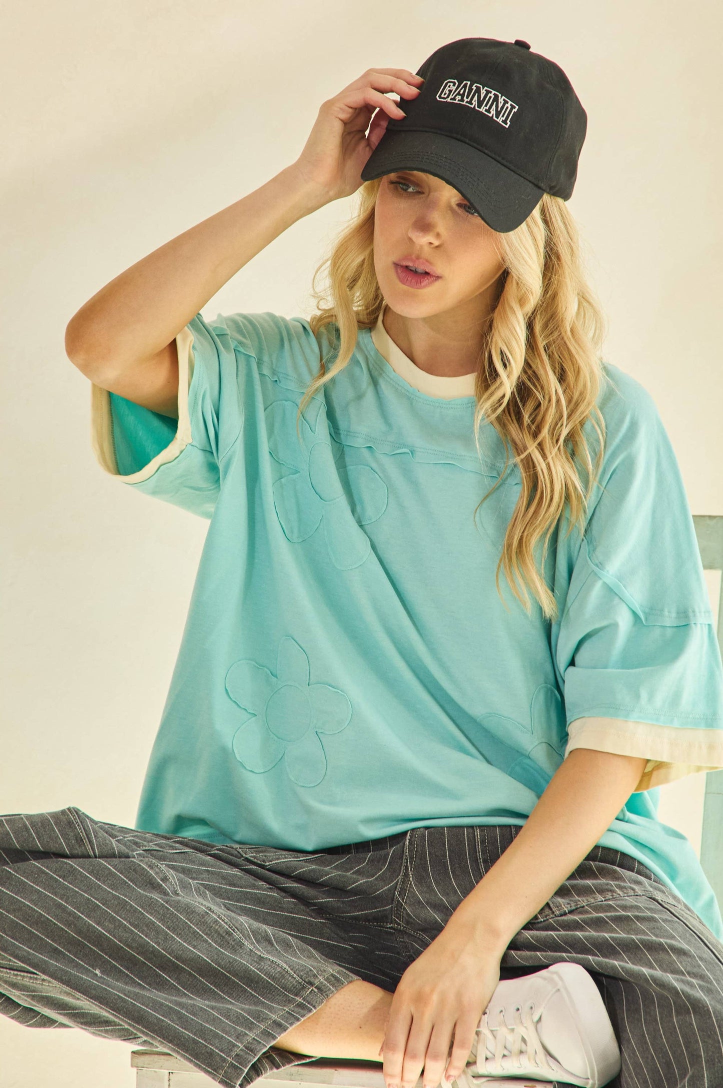 Riley Retro Flower Embroidered Oversized Top ~ Aqua