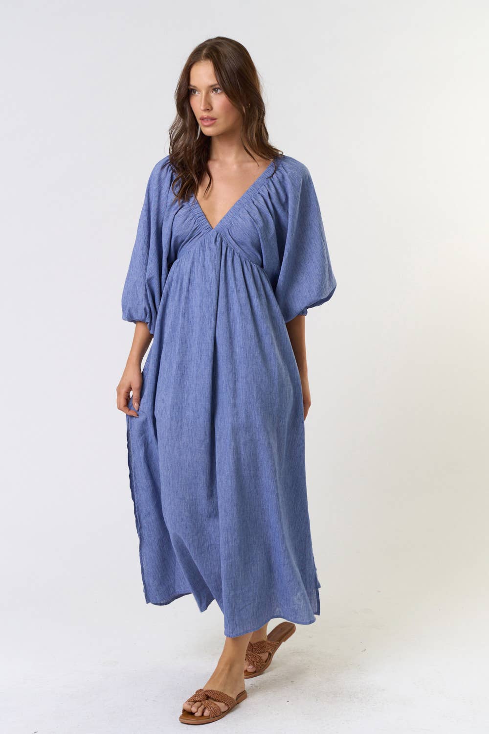 Valencia V Neck Puff Sleeve Midi Dress ~ Blue