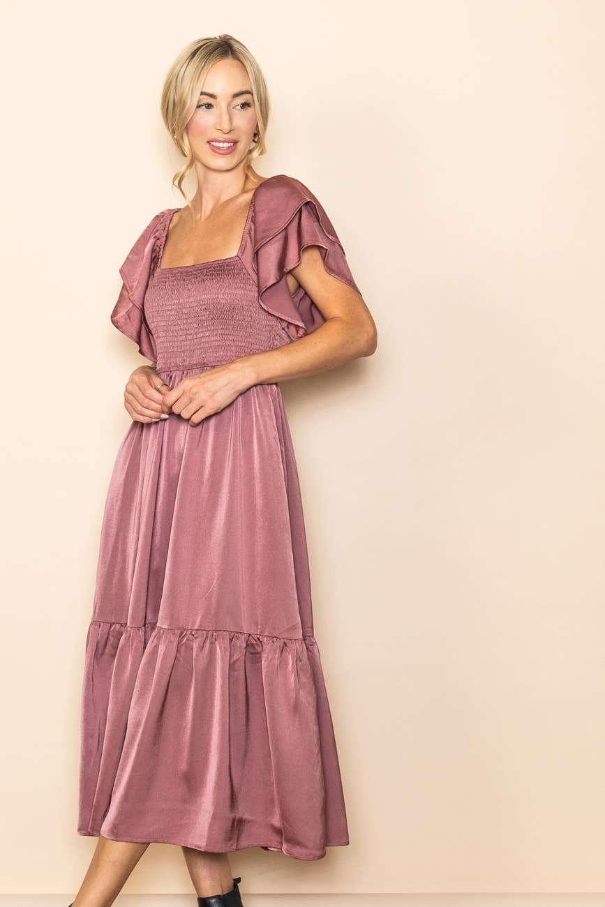 Sloane Satin Flowy Flutter Sleeve Smocked Dress