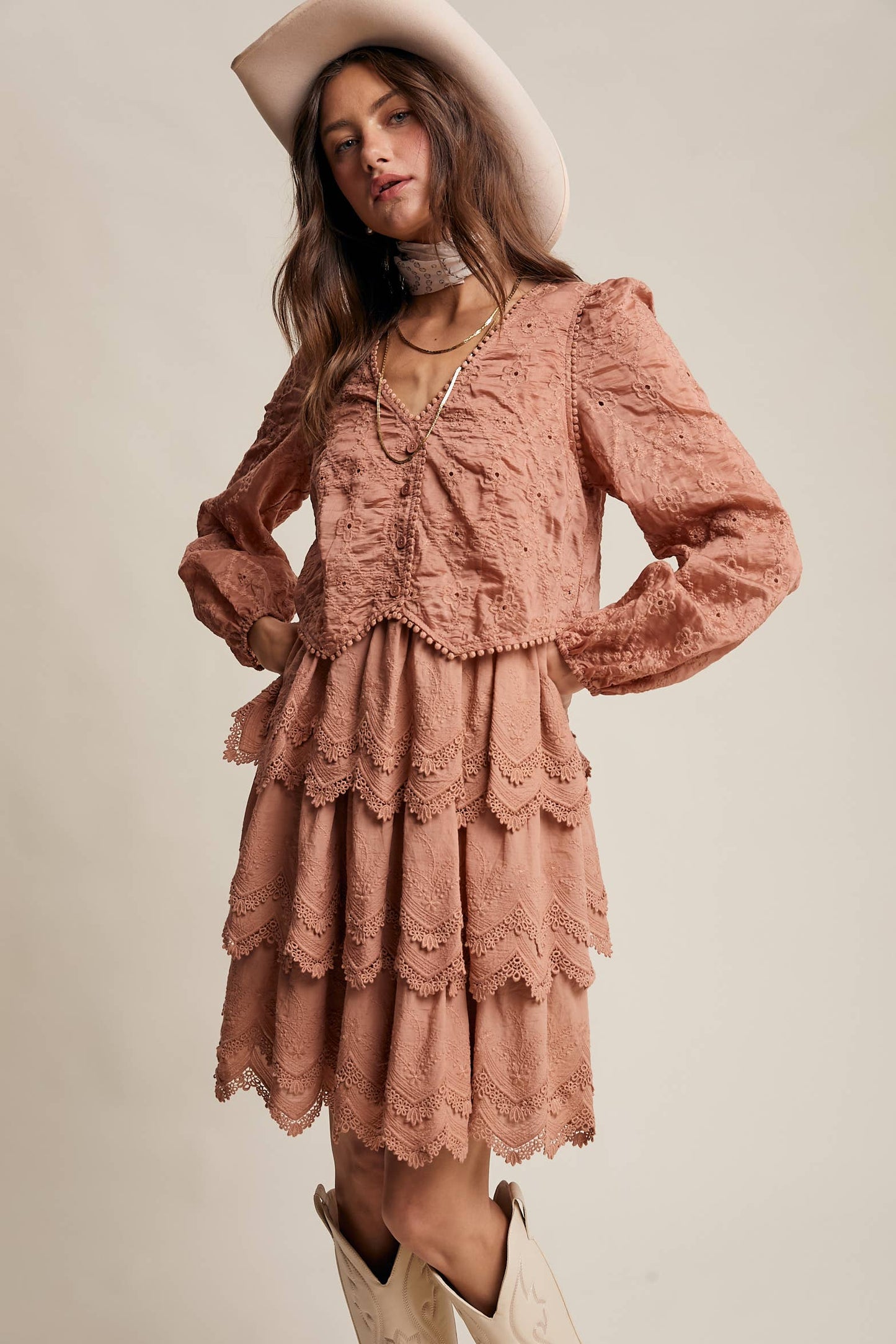Tamara Tiered Scallop Embroidered Dress ~ Terracotta