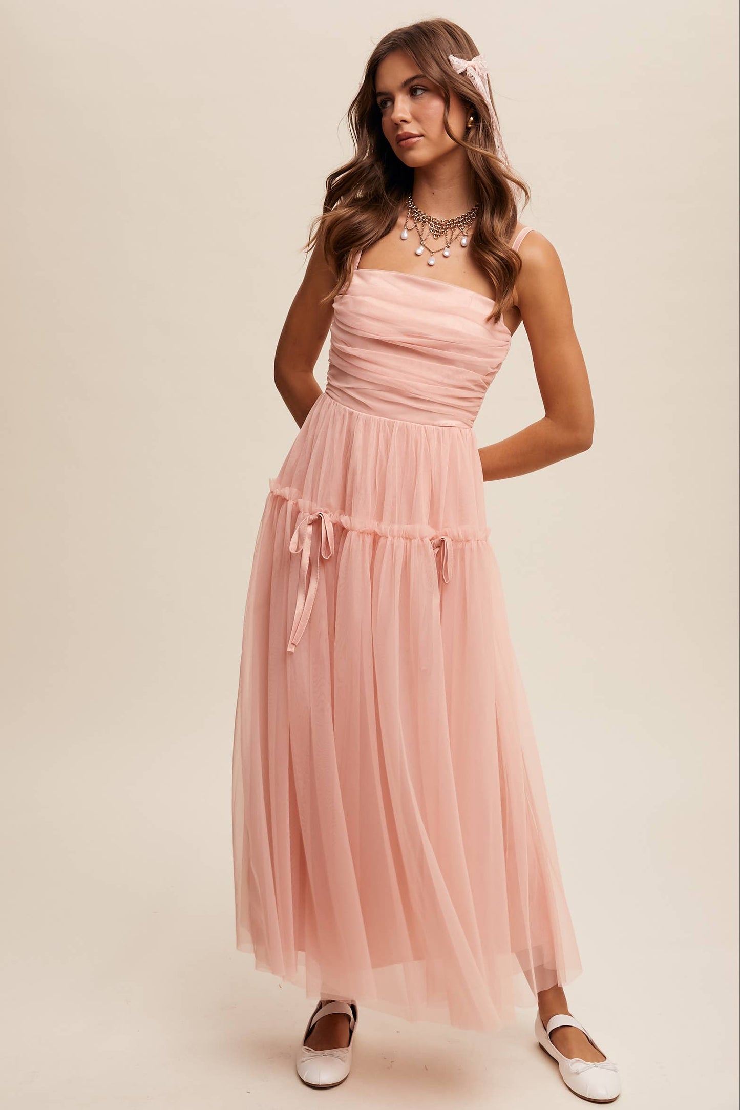 Rosie Ruched Tulle Ribbon Detail Midi Dress ~ Blush
