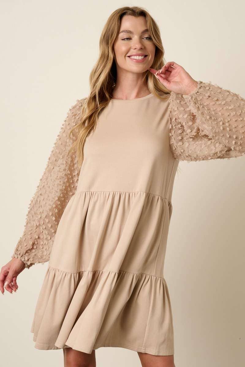 Ansley Sheer Sleeve Babydoll Mini Dress ~ Taupe