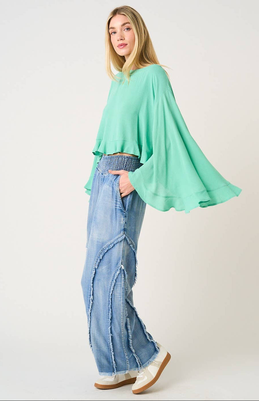 Wesley Washed Chambray Smoked Fringe Wide Leg Pants ~ Light Denim