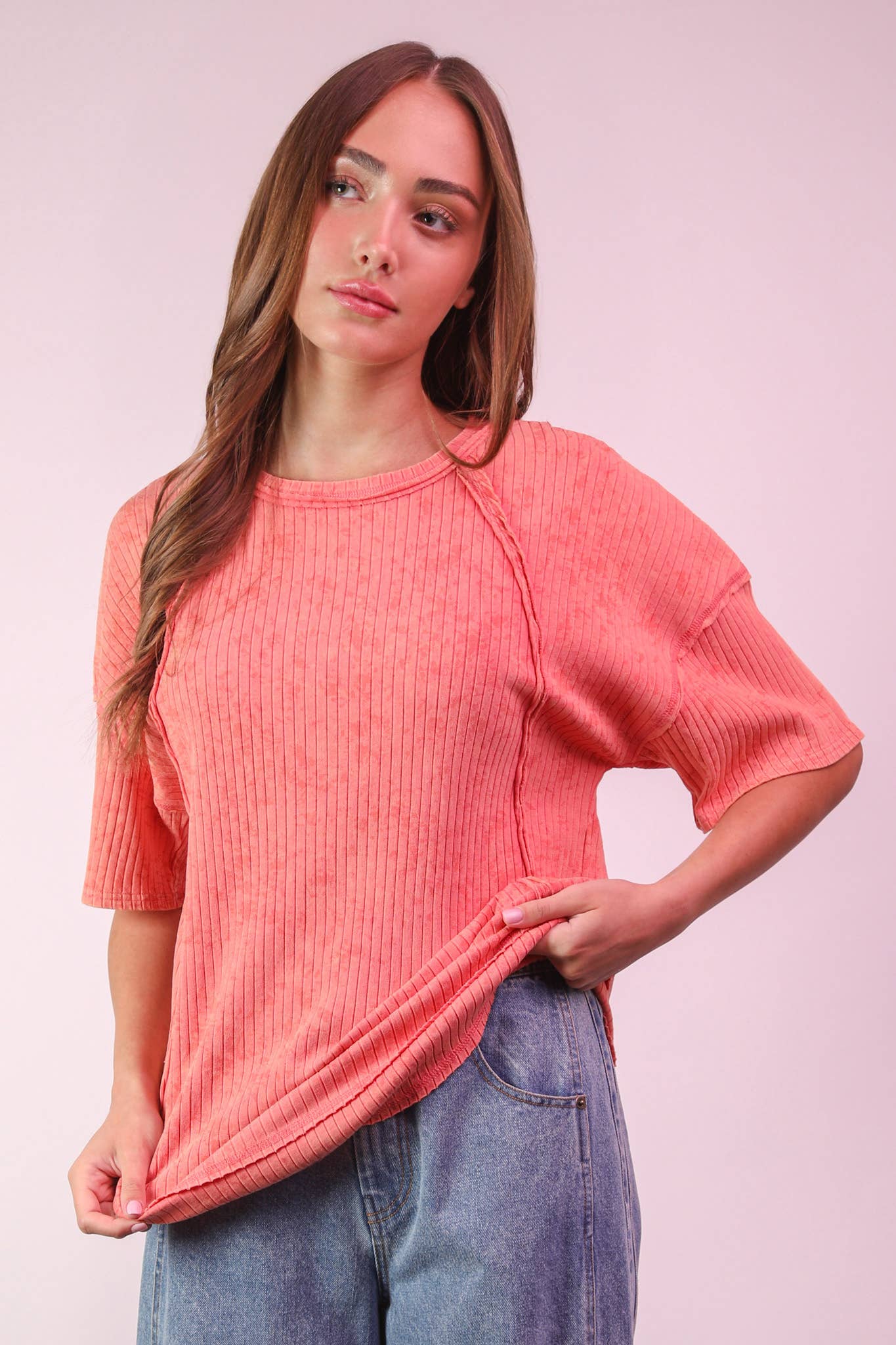 Margot Mineral Wash Ribbed Knit Top ~ Coral