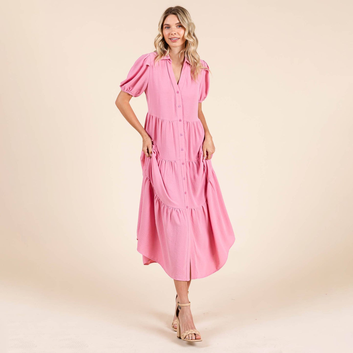 Dana Tiered Button Down Puff Sleeve Midi Dress ~ Pink
