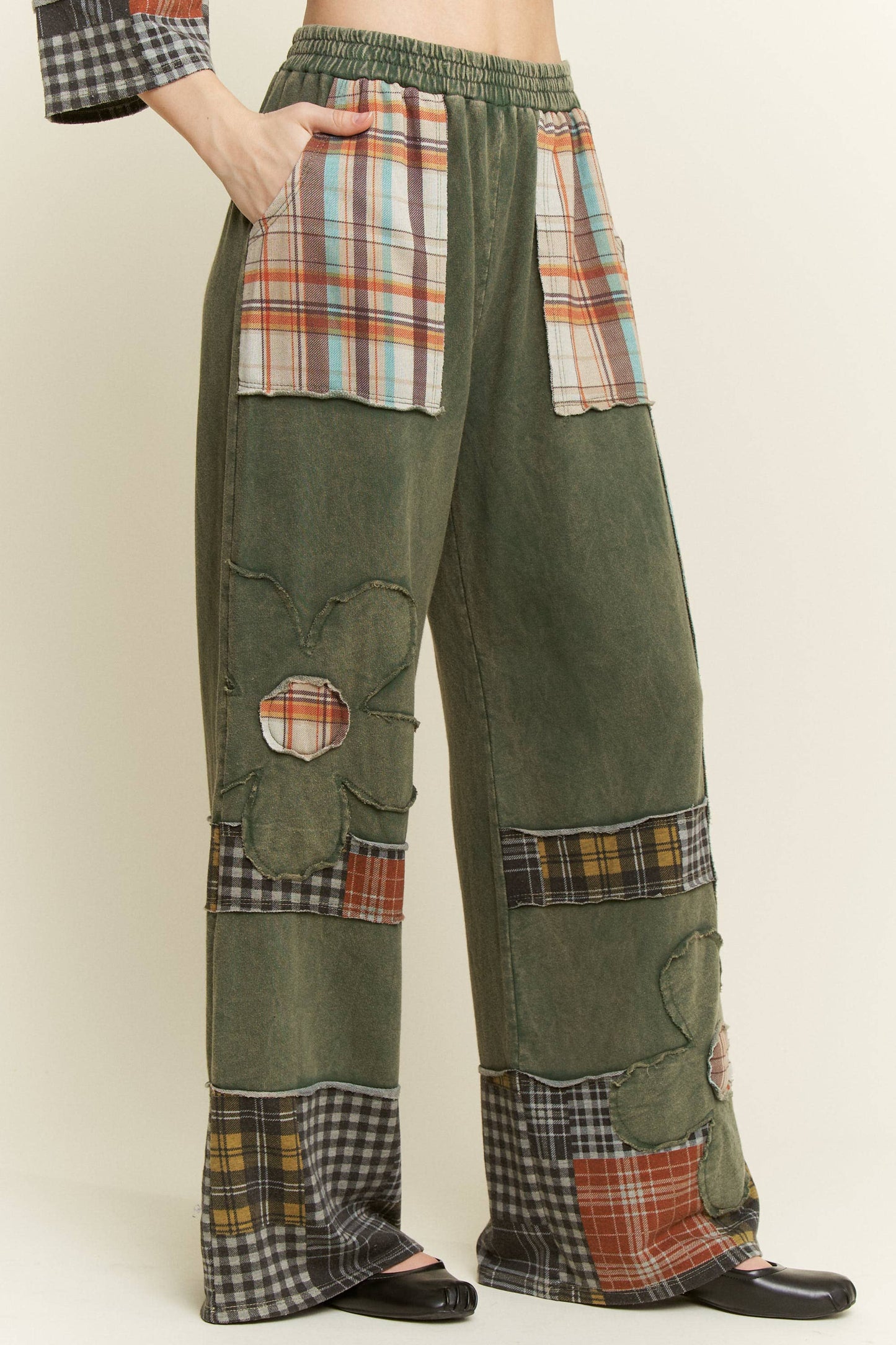 Massie Mineral Washed Plaid Daisy Pants ~ Dark Olive