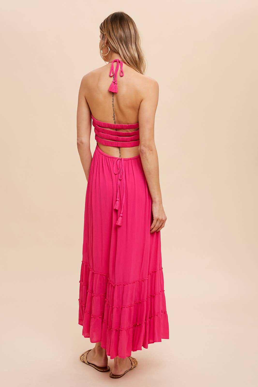 Maddie Smocked Lattice Back Halter Maxi Dress ~ Hot Pink