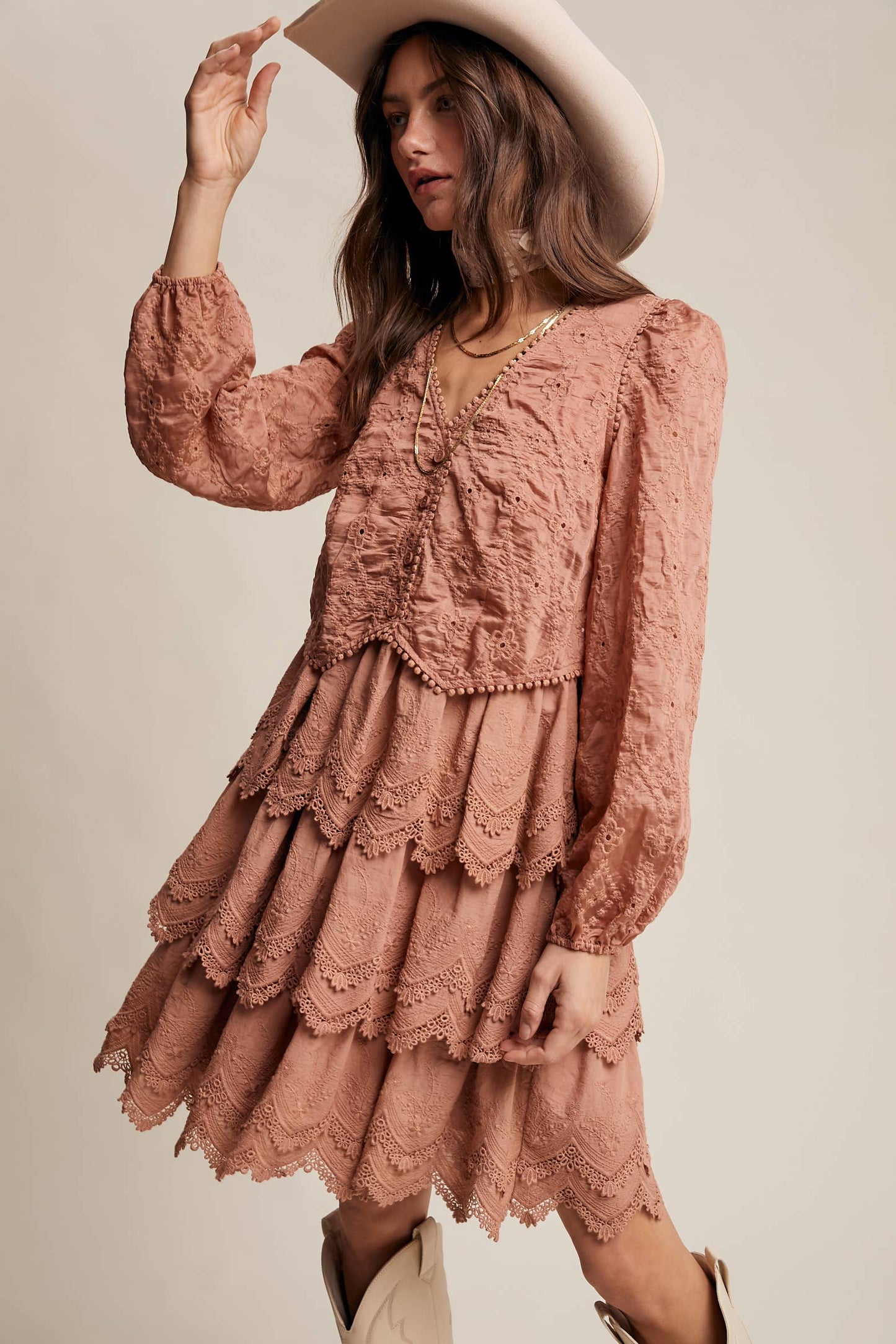 Tamara Tiered Scallop Embroidered Dress ~ Terracotta