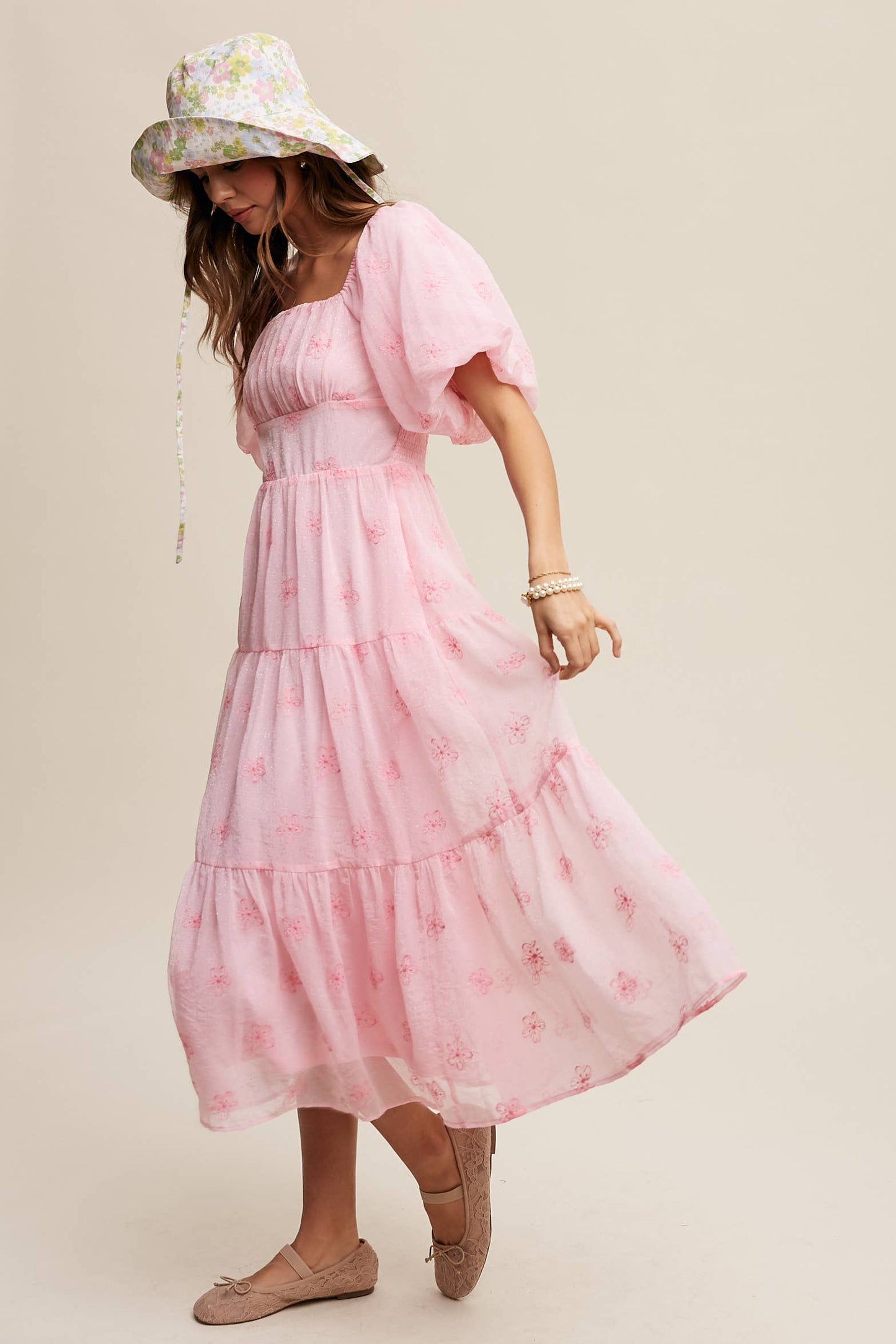 Ella Embroidered Puff Sleeve Tiered Midi Dress ~ Pink