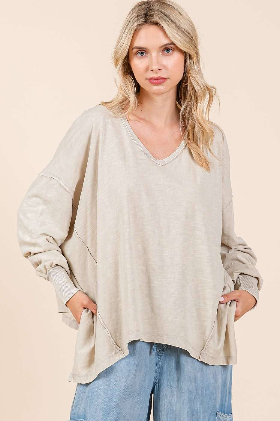 Cleo Mineral Wash V Neck Oversized Top ~ Stone