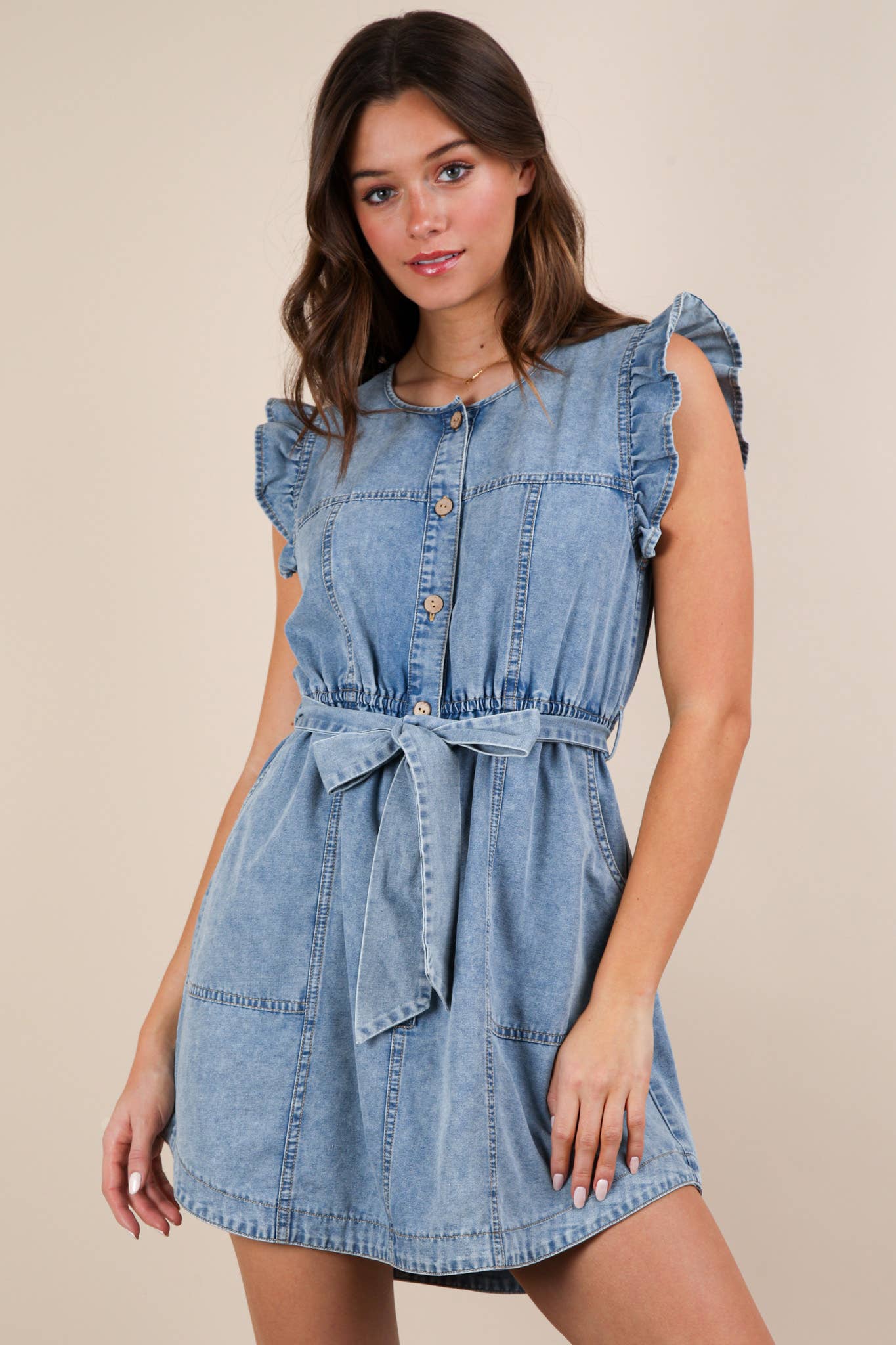 Waverly Washed Ruffle Detail Mini Dress ~ Chambray