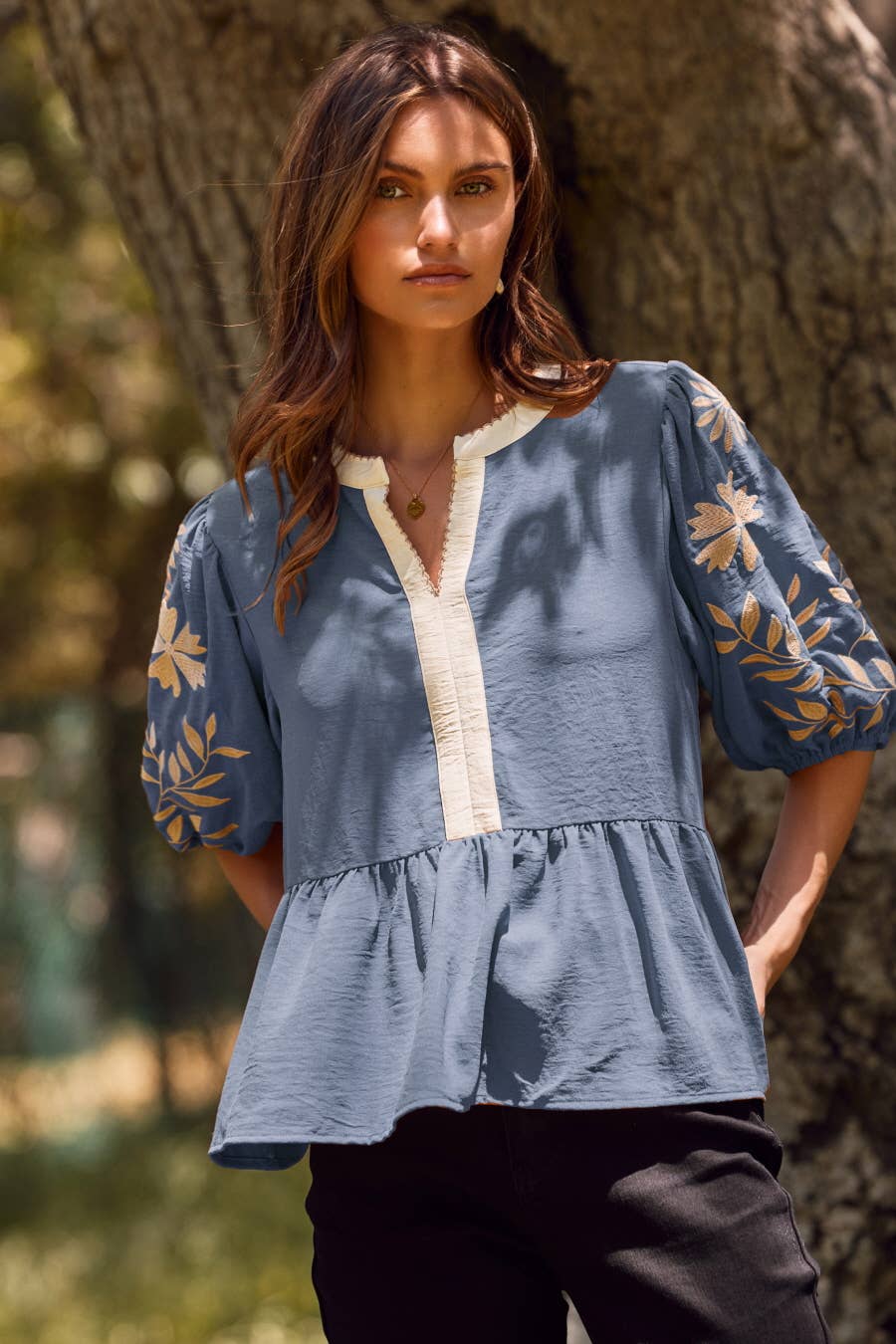 Emily Embroidered Peplum Blouse ~ Denim Blue