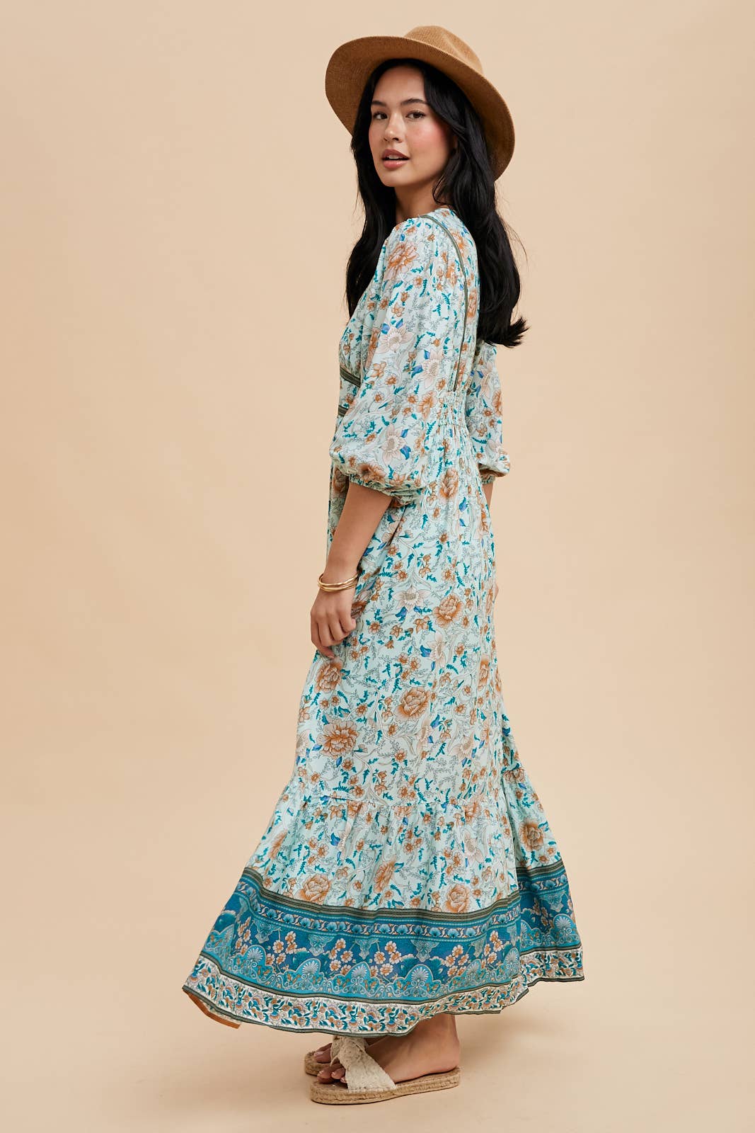 Barbara Border Print Maxi Dress ~ Seafoam Blue