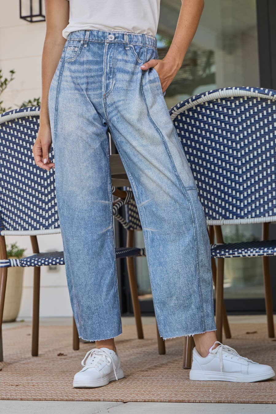 Dakota Denim-Like Printed French Terry Barrel Pants ~ Light Denim
