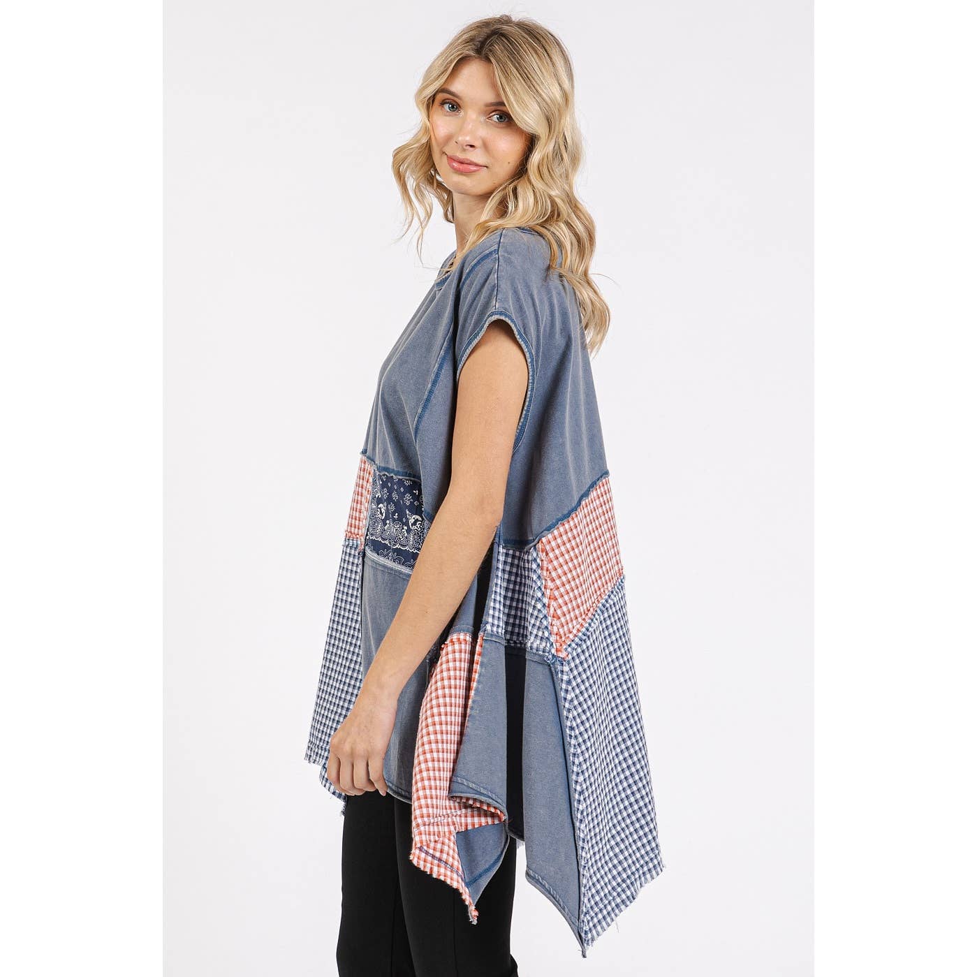 Paisley Gingham Patchwork Handkerchief Hem Top ~ Navy