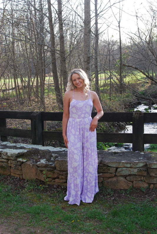 Christa Strappy Floral Tiered Wide Leg Jumpsuit ~ Lavender